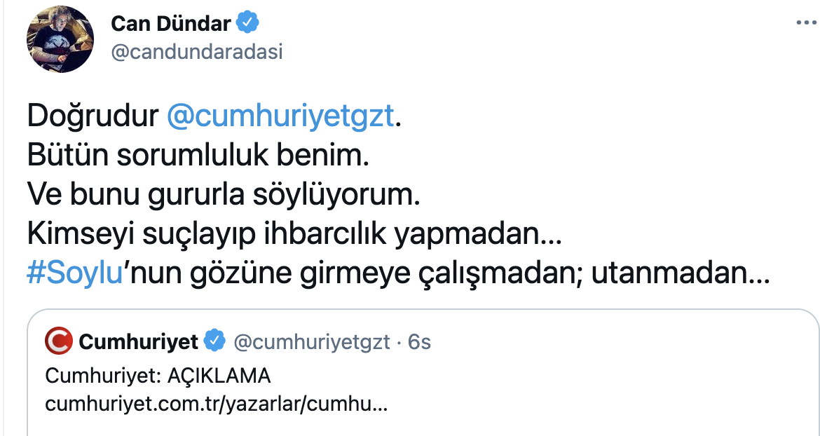 Gazetenin hedef gösterdiği dönemde Genel Yayın Yönetmeni olan gazeteci Can Dündar'ın tweeti.