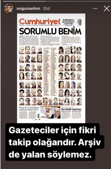 Cumhuriyet'te, bir dönem pazartesi söyleşilerini yapan gazeteci Selin Ongun'un paylaşımı.