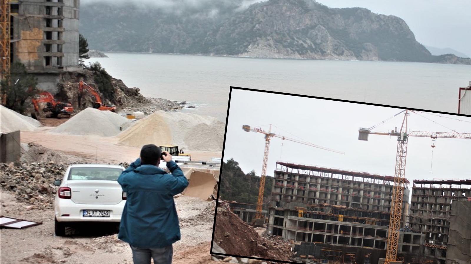 Marmaris Kızılbük koyundaki inşaat sürüyor; “Projedeki sınırlar ihlal edilmiş, kumsal tahrip edilip, kıyıdaki ağaçlar kesilerek denizin dibine beton santrali kurulmuş!”