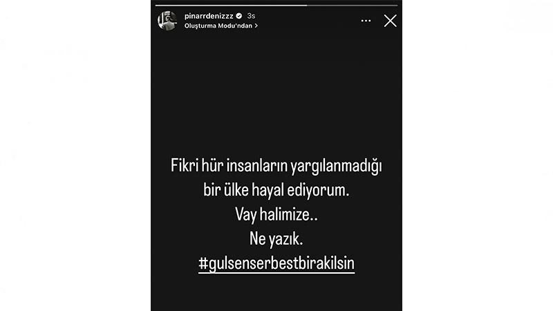 Pınar Deniz: Fikri hür insanların yargılanmadığı bir ülke hayal ediyorum. Vay halimize... Ne yazık. Gülşen serbest bırakılsın.