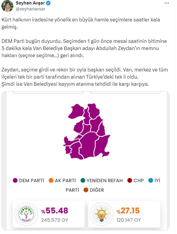 Van'da kazanan DEM'li Abdullah Zeydan'ın seçilme hakkının geri alınmasına tepki yağdı: Halka siyasi pusu kuruluyor