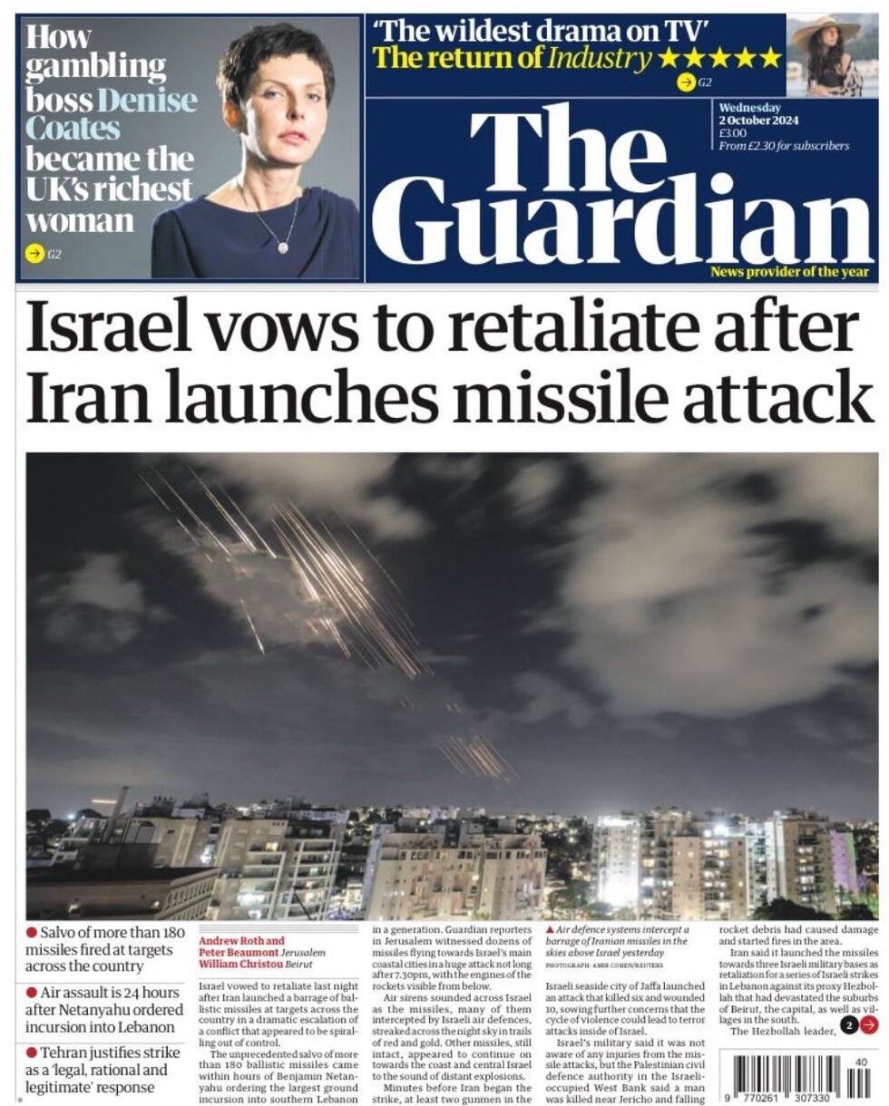 The Guardian (Britanya) | İsrail, İran'ın füze saldırısı düzenlemesinin ardından misilleme sözü verdi