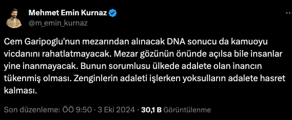 Cem Garipoğlu'nun mezarı açıldı; sosyal medyadan tepkiler geldi: DNA sonucu kamuoyunu rahatlatmayacak, sorumlusu adalete olan inancın tükenmesi
