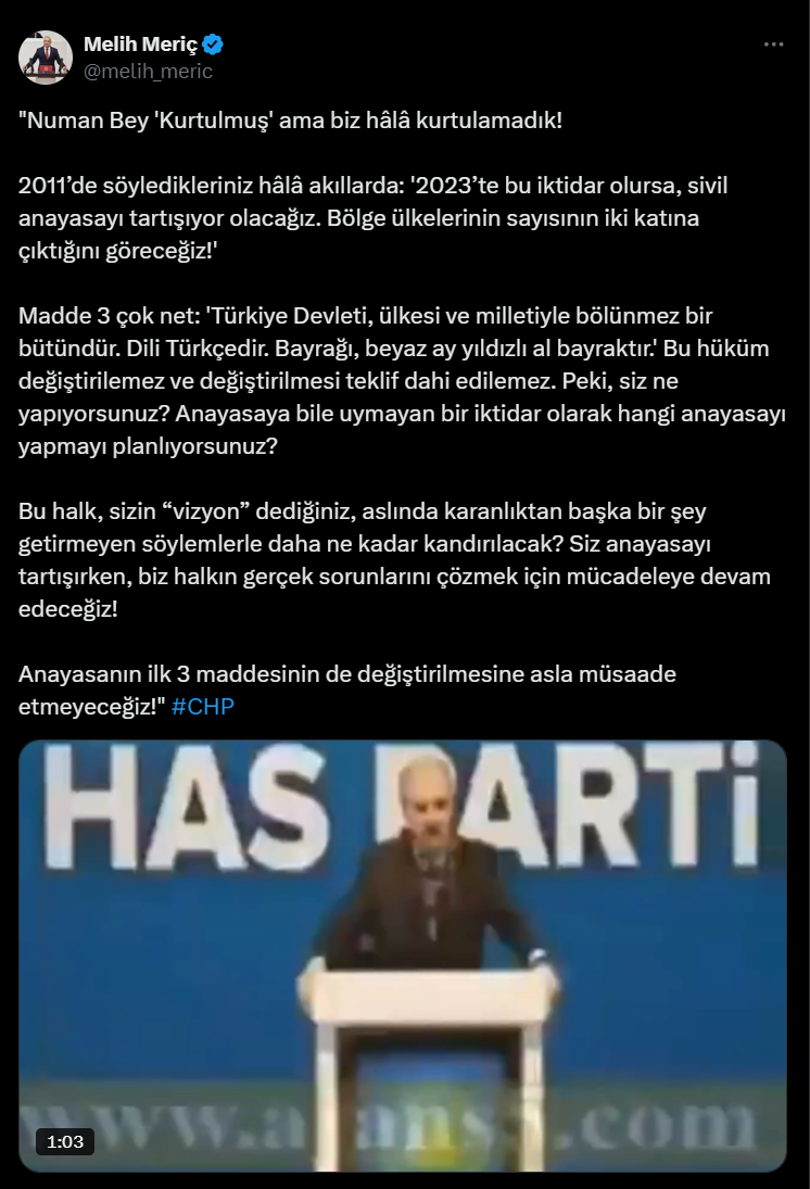 Meclis Başkanı Numan Kurtulmuş'un Anayasa çağrısına çok sayıda tepki geldi
