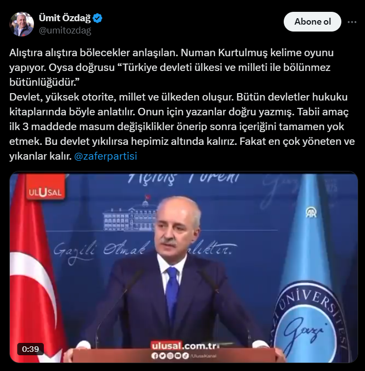 Meclis Başkanı Numan Kurtulmuş'un Anayasa çağrısına çok sayıda tepki geldi