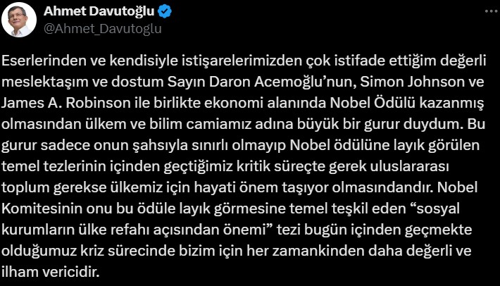 Nobel Ekonomi Ödülü'ne layık görülen Daron Acemoğlu'na sosyal medyadan tebrik mesajları yağdı: iktidarın, Acemoğlu'nun tezlerinden ders almalarını dilerim