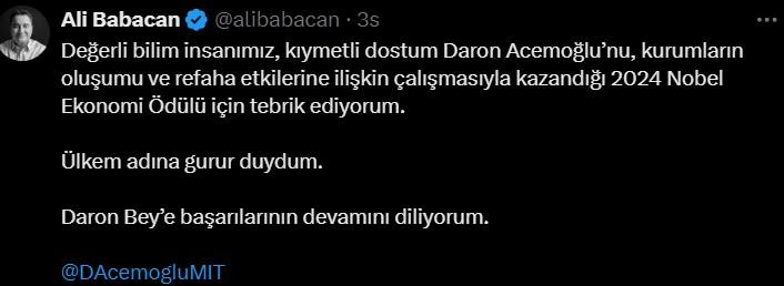 Nobel Ekonomi Ödülü'ne layık görülen Daron Acemoğlu'na sosyal medyadan tebrik mesajları yağdı: iktidarın, Acemoğlu'nun tezlerinden ders almalarını dilerim