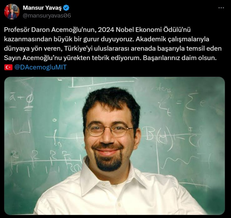 Nobel Ekonomi Ödülü'ne layık görülen Daron Acemoğlu'na sosyal medyadan tebrik mesajları yağdı: iktidarın, Acemoğlu'nun tezlerinden ders almalarını dilerim