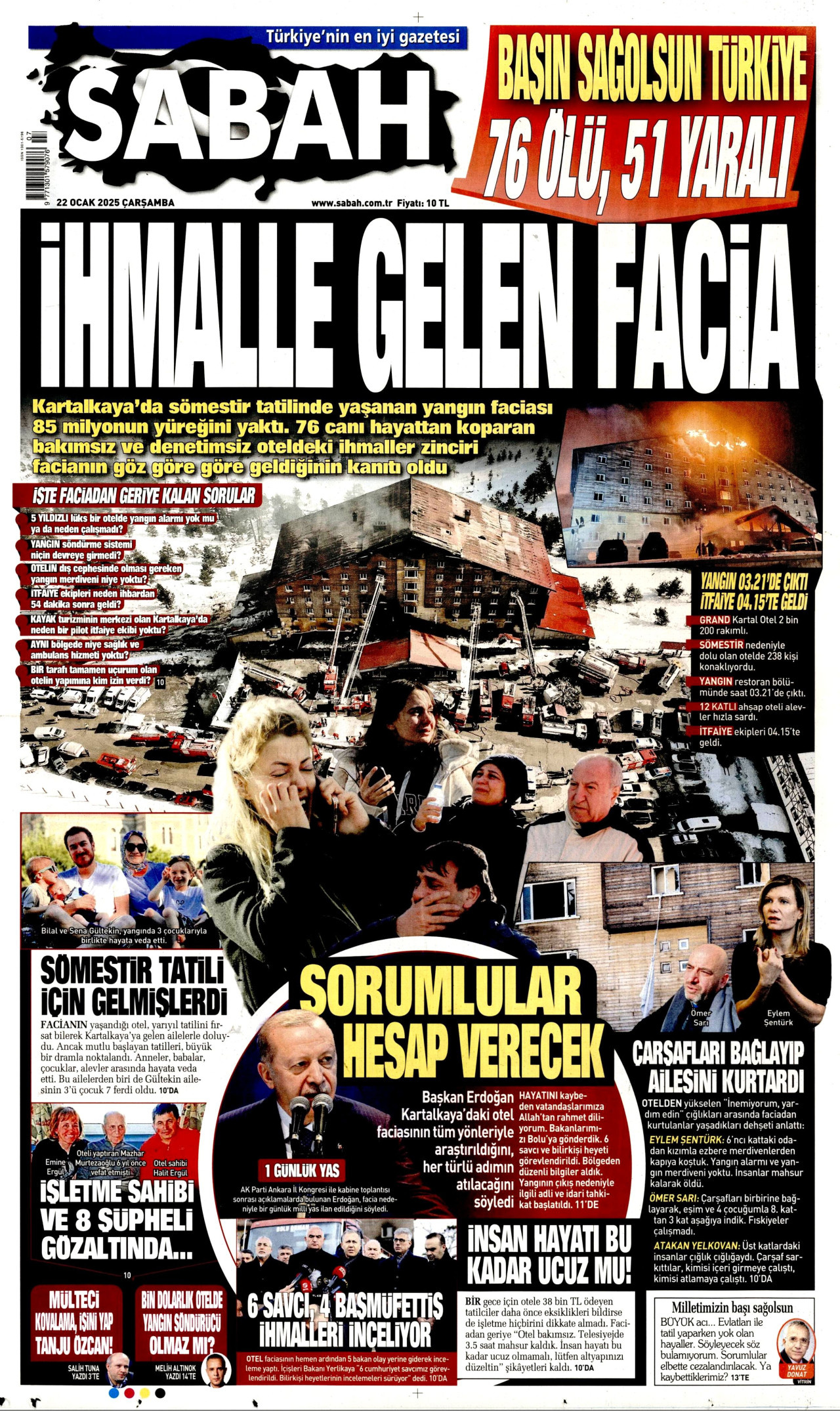 Bolu'daki yangın faciası gazetelere böyle yansıdı: Kartalkaya katliamı