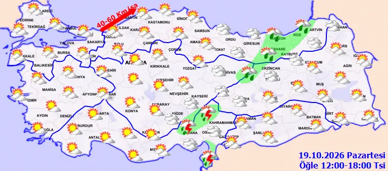 <p><strong>Doğu Anadolu:</strong> Par&ccedil;alı ve &ccedil;ok bulutlu. Erzincan&rsquo;ın batısında &ouml;ğle saatlerinde yerel sağanak bekleniyor. Erzurum, Kars ve Van 18, Malatya 19 derece.</p>
<p><strong>G&uuml;neydoğu Anadolu:</strong> Par&ccedil;alı ve az bulutlu, batı kesimleri yer yer &ccedil;ok bulutlu. Diyarbakır ve Şanlıurfa 24, Gaziantep ve Mardin 22 derece.</p>