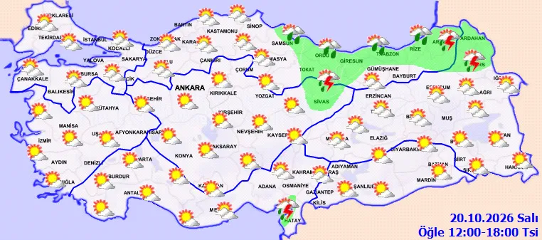 <p>Orta ve Doğu Karadeniz&rsquo;de kıyı kesimleriyle Tokat ve Artvin &ccedil;evrelerinde sağanak yağış tahmin ediliyor. Samsun&rsquo;da 20, Rize&rsquo;de 21, Trabzon&rsquo;da 19, Amasya&rsquo;da 21 derece bekleniyor. Doğu Anadolu&rsquo;da &ouml;ğle saatlerinden sonra Kars, Ardahan ve Iğdır &ccedil;evrelerinde yerel sağanak ve g&ouml;k g&uuml;r&uuml;lt&uuml;l&uuml; sağanak g&ouml;r&uuml;lebilecek. Erzurum ve Kars&rsquo;ta 17, Malatya&rsquo;da 20, Van&rsquo;da 19 derece tahmin ediliyor.</p>
<p>G&uuml;neydoğu Anadolu&rsquo;da par&ccedil;alı ve az bulutlu hava bekleniyor. Diyarbakır&rsquo;da 24, Gaziantep&rsquo;te 23, Mardin&rsquo;de 22, Şanlıurfa&rsquo;da 25 derece olması &ouml;ng&ouml;r&uuml;l&uuml;yor.</p>